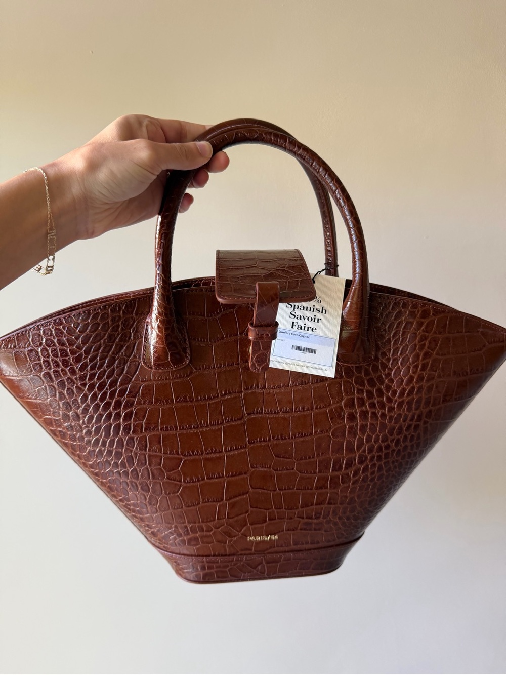 Croc-Embossed Structured Tote in Deep Brown